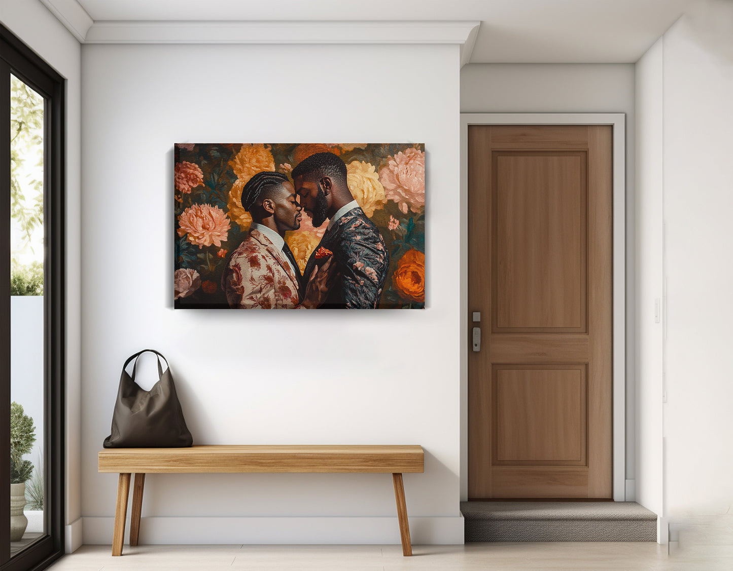 Black Gay Couple Formal Portrait Black love wall art displayed as entryway wall decor