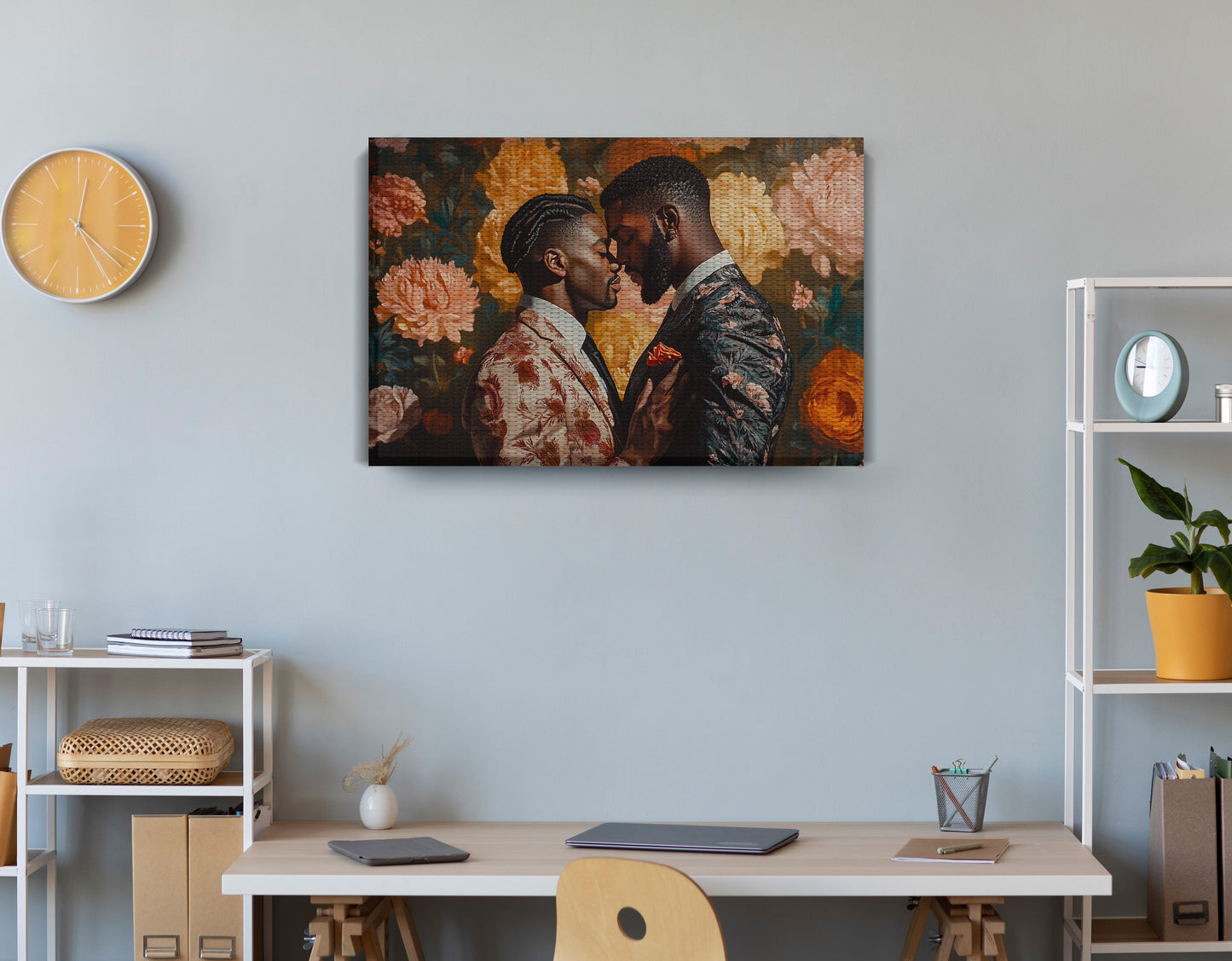 Black Gay Couple Formal Portrait Black love wall art displayed as office wall decor