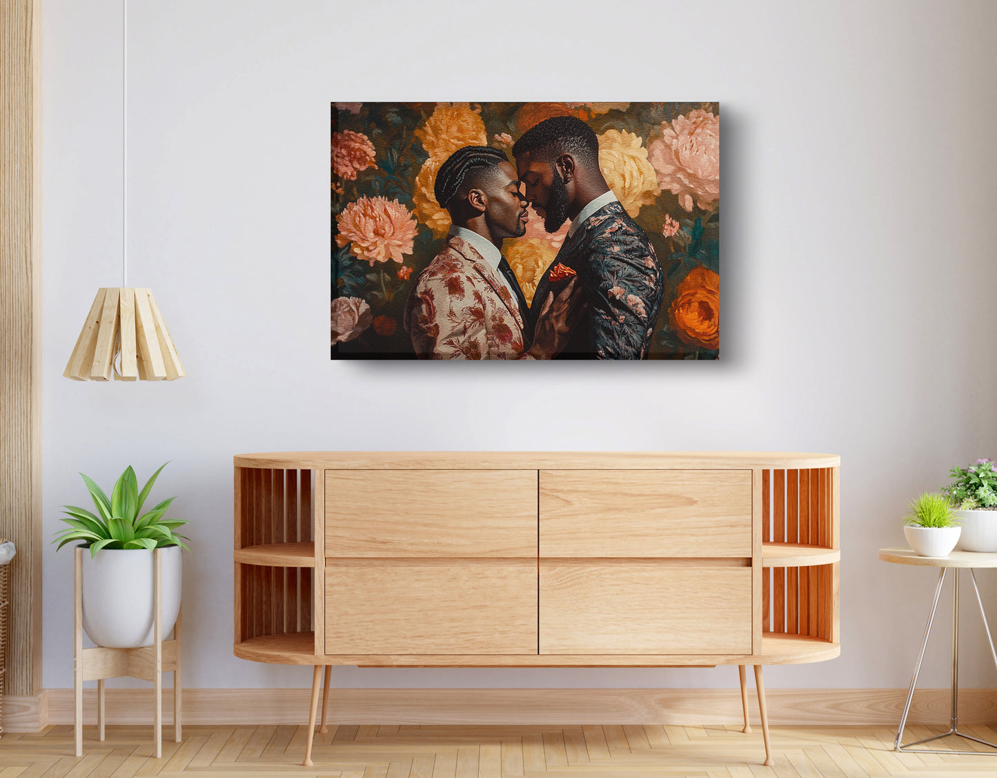 Black Gay Couple Formal Portrait Black love wall art displayed as living room wall decor