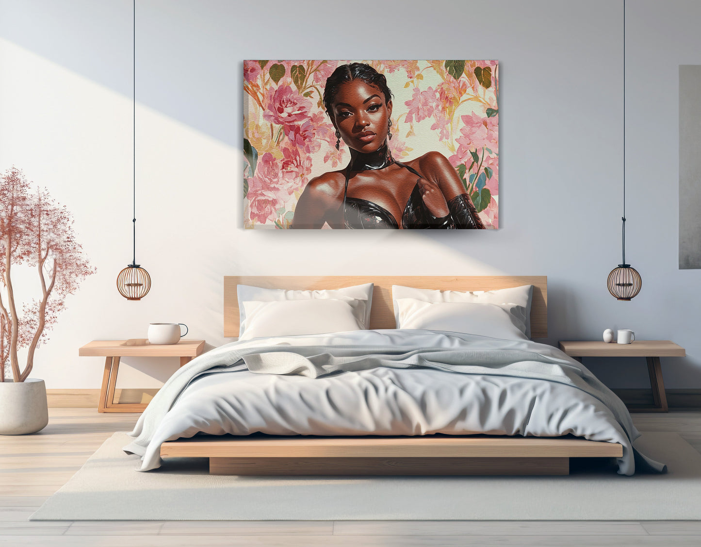Powerful Black Woman Floral Portrait African American wall art displayed as bedroom wall decor