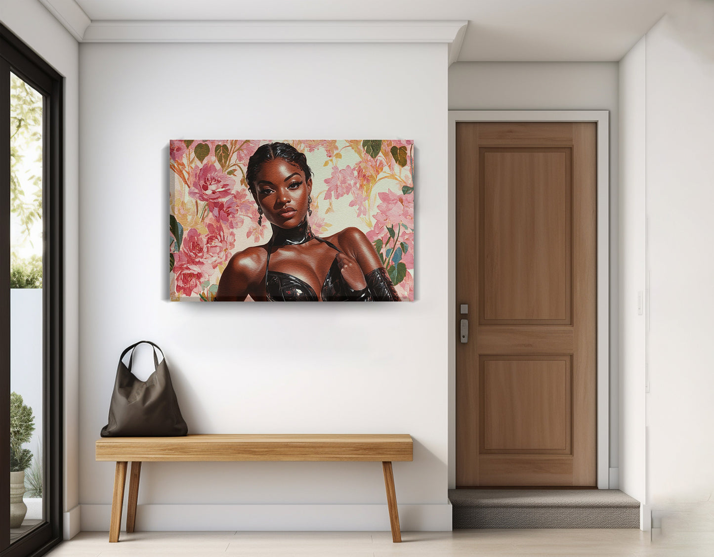 Powerful Black Woman Floral Portrait African American wall art displayed as entryway wall decor