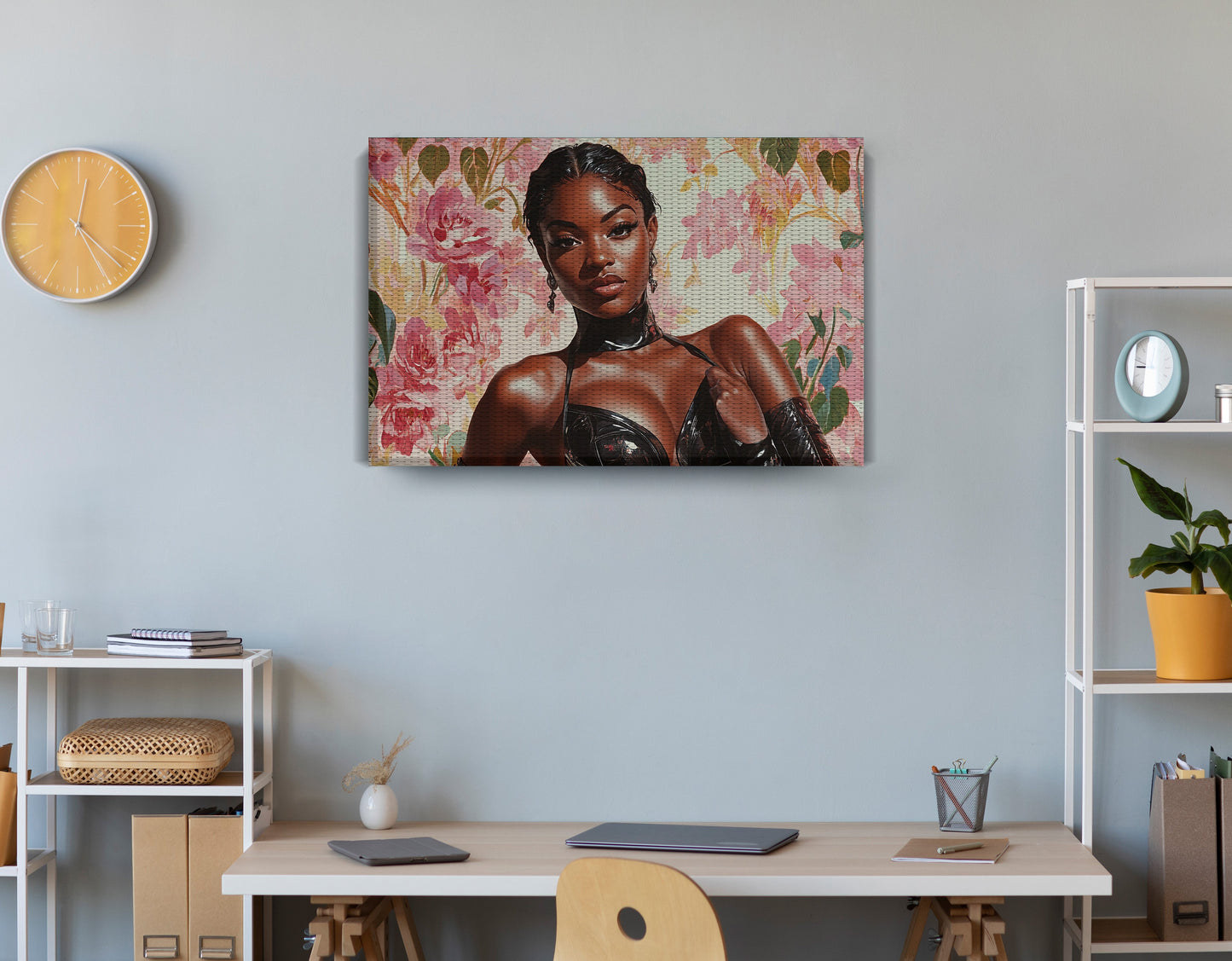 Powerful Black Woman Floral Portrait African American wall art displayed as office wall decor