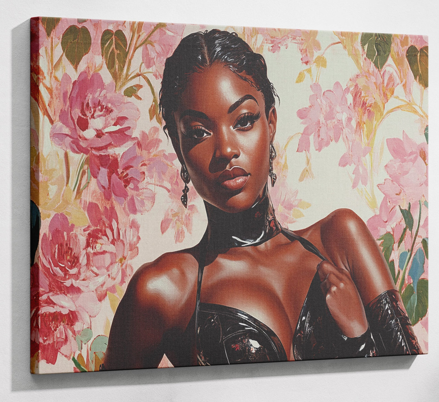 Powerful Black Woman Floral Portrait African American wall art canvas print with visible wall art format