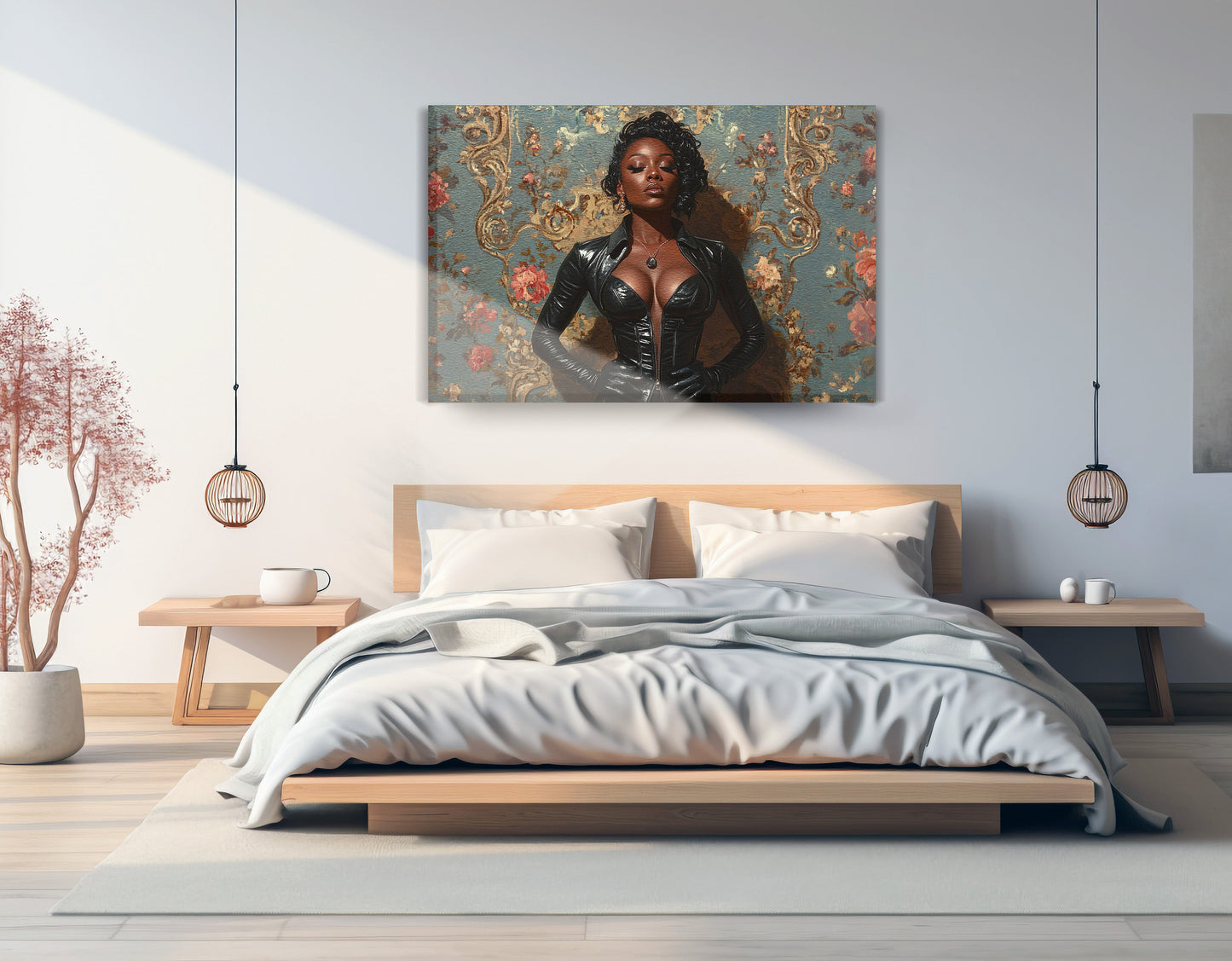 Powerful Black Woman Portrait African American wall art displayed as bedroom wall decor