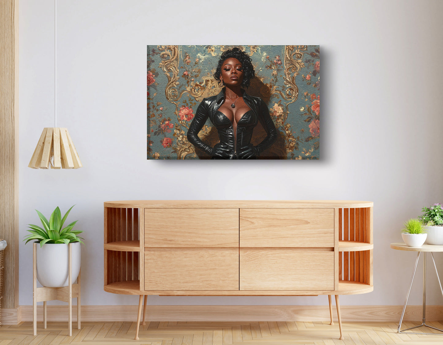 Powerful Black Woman Portrait African American wall art displayed as living room wall decor