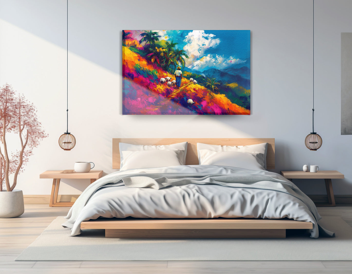 Colorful Mountain Pasture Black African American canvas print displayed as bedroom wall decor