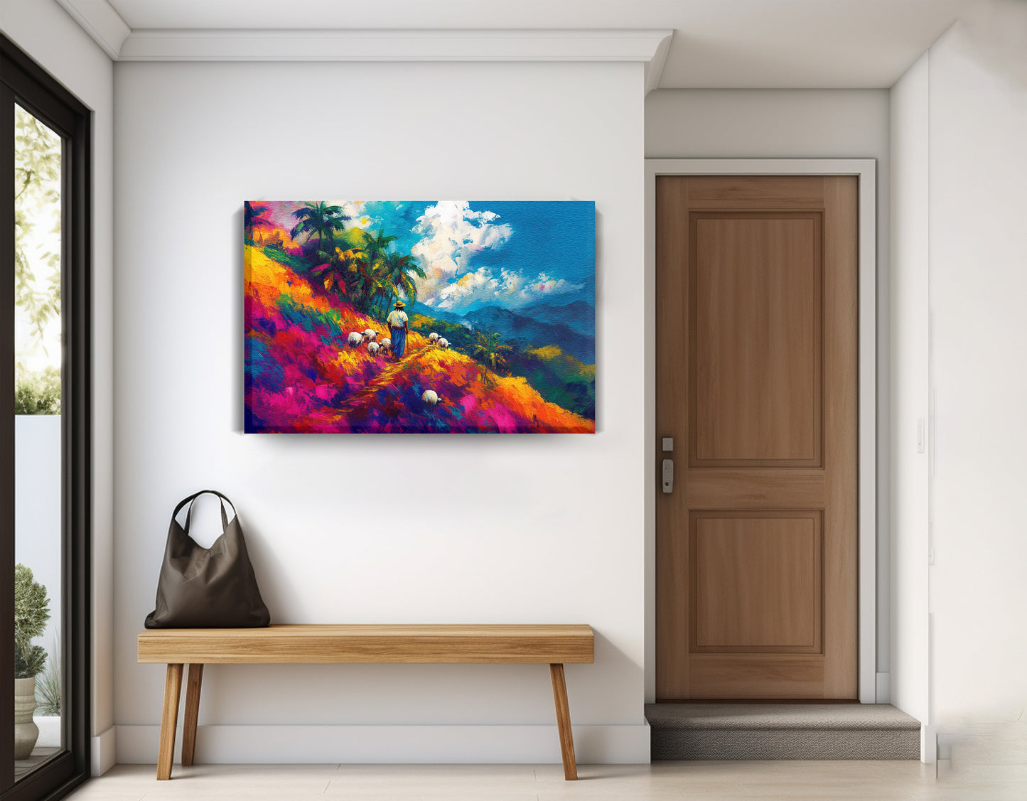 Colorful Mountain Pasture Black African American canvas print displayed as entryway wall decor