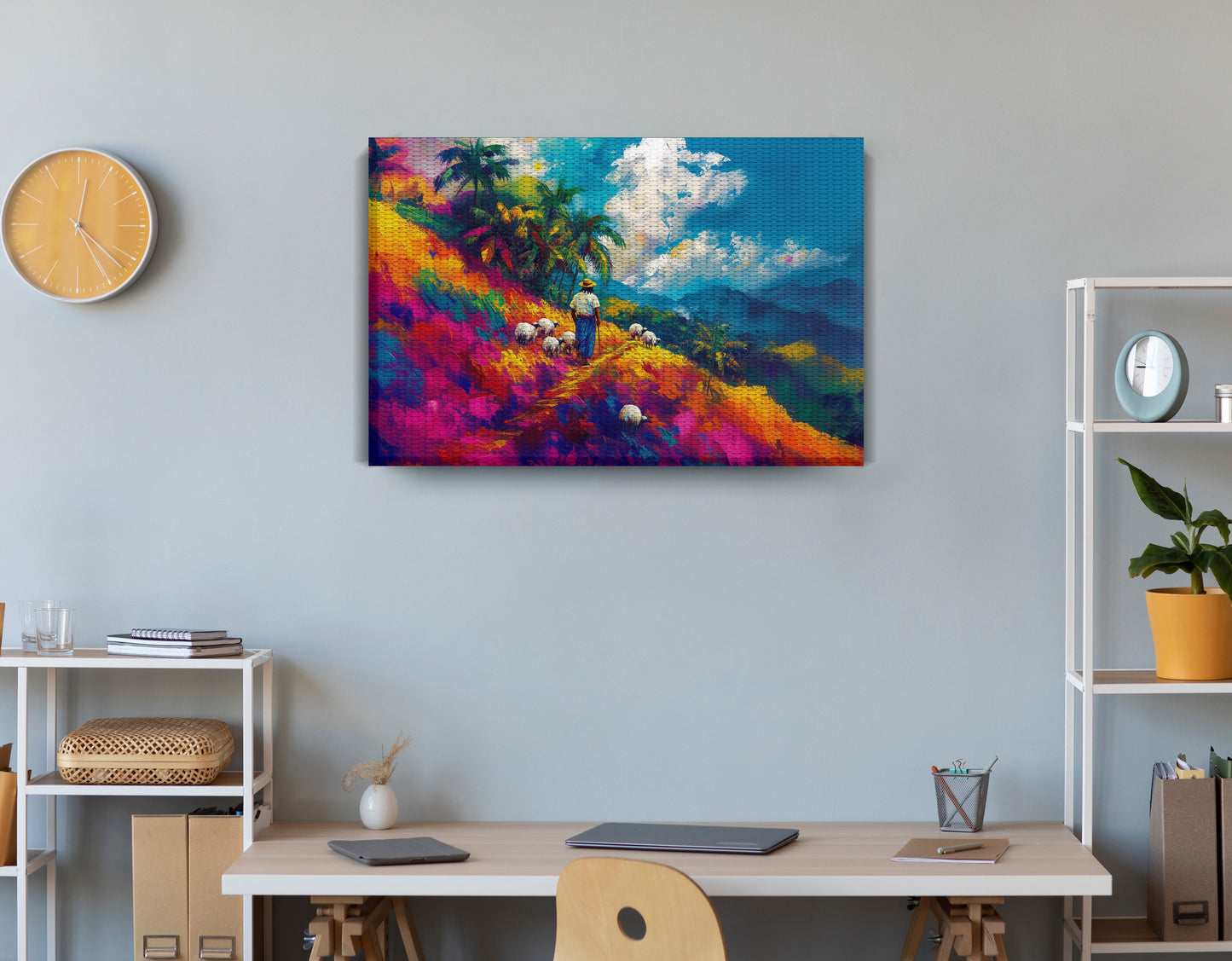 Colorful Mountain Pasture Black African American canvas print displayed as office wall decor