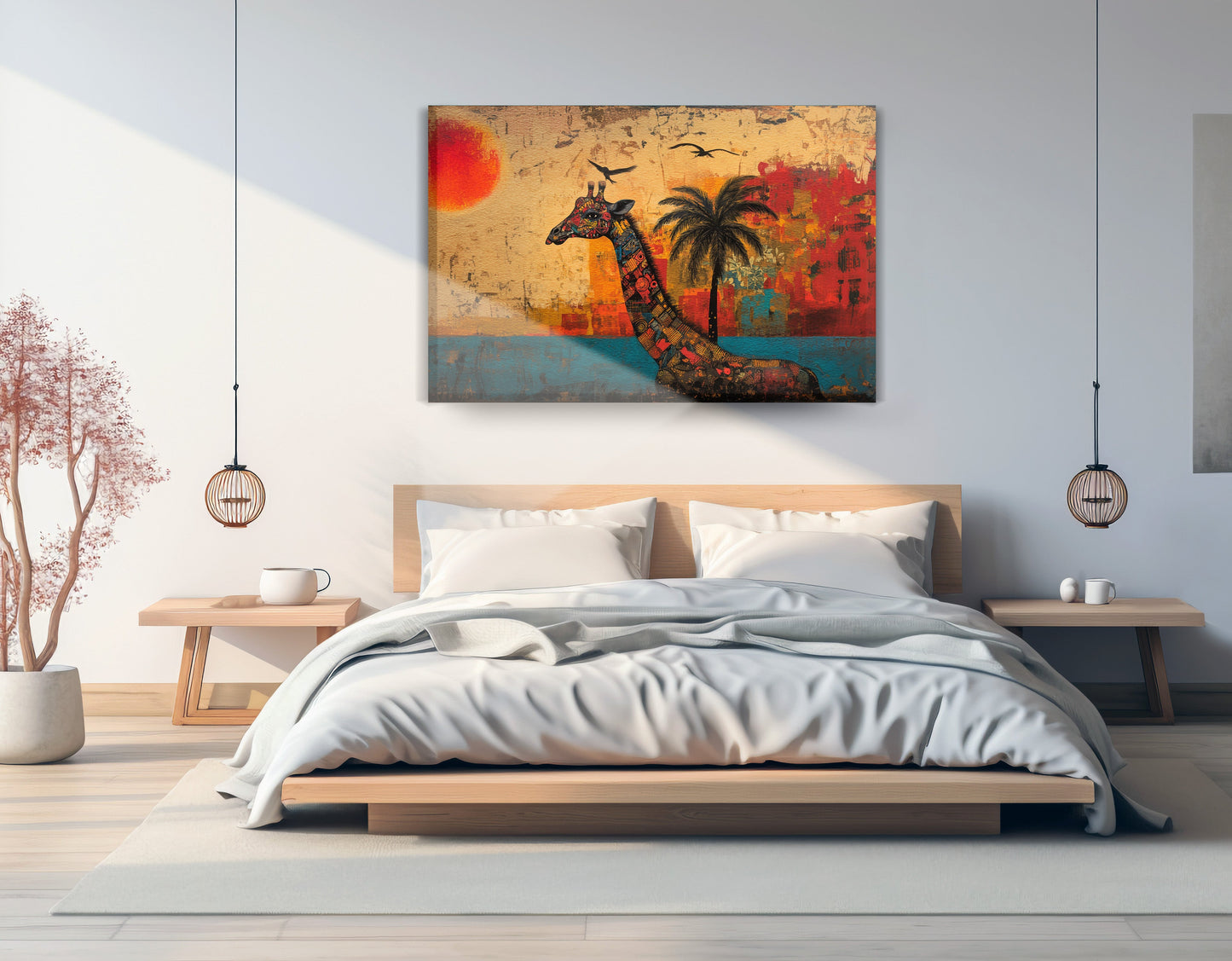 Giraffe Palm Sunset African American canvas print displayed as bedroom wall decor