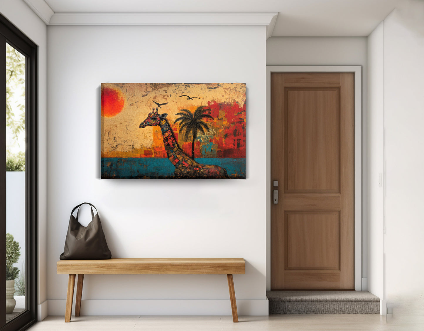 Giraffe Palm Sunset African American canvas print displayed as entryway wall decor