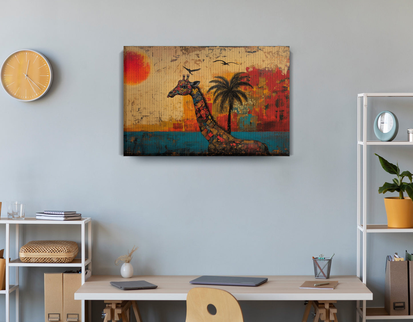 Giraffe Palm Sunset African American canvas print displayed as office wall decor