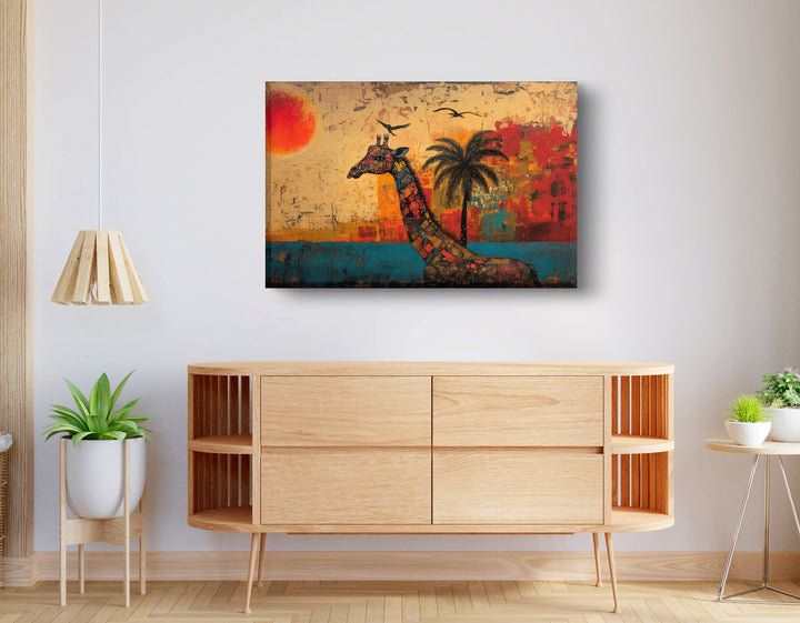 Giraffe Palm Sunset African American Wall Art
