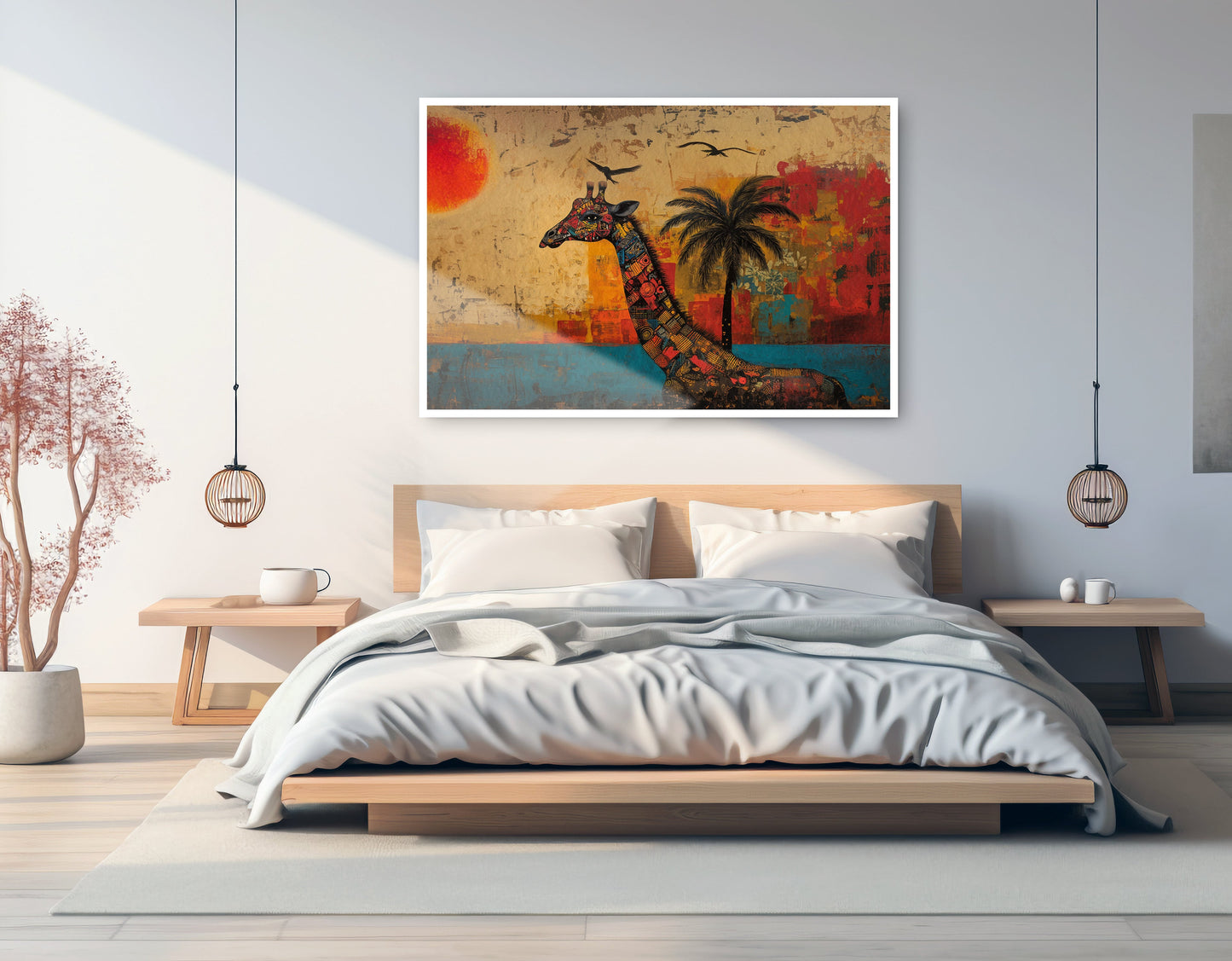 Giraffe Palm Sunset African American canvas print artwork view