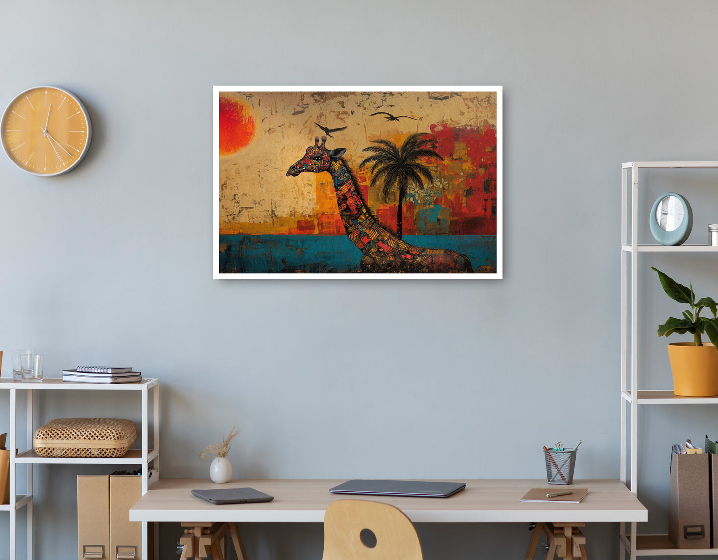 Giraffe Palm Sunset African American canvas print print view