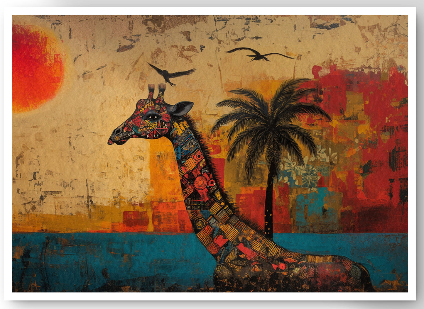 Giraffe Palm Sunset African American canvas print by MoomZee Artwork