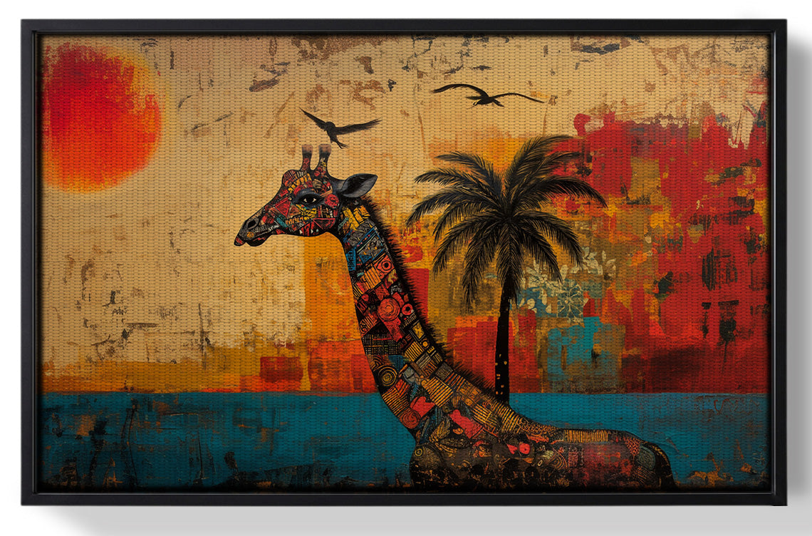 Framed Giraffe Palm Sunset African American canvas print for home decor