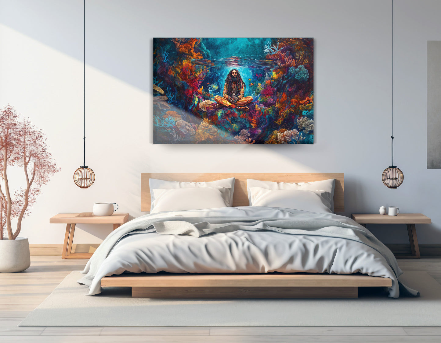 Black Woman Meditation Ocean African American wall art displayed as bedroom wall decor