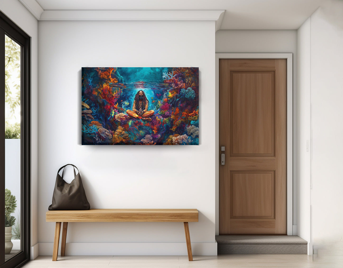 Black Woman Meditation Ocean African American wall art displayed as entryway wall decor