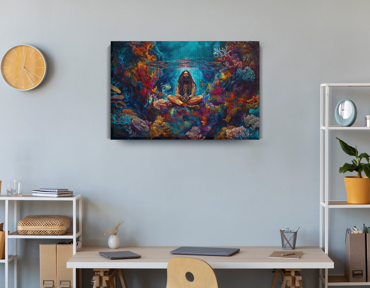 Black Woman Meditation Ocean African American wall art displayed as office wall decor