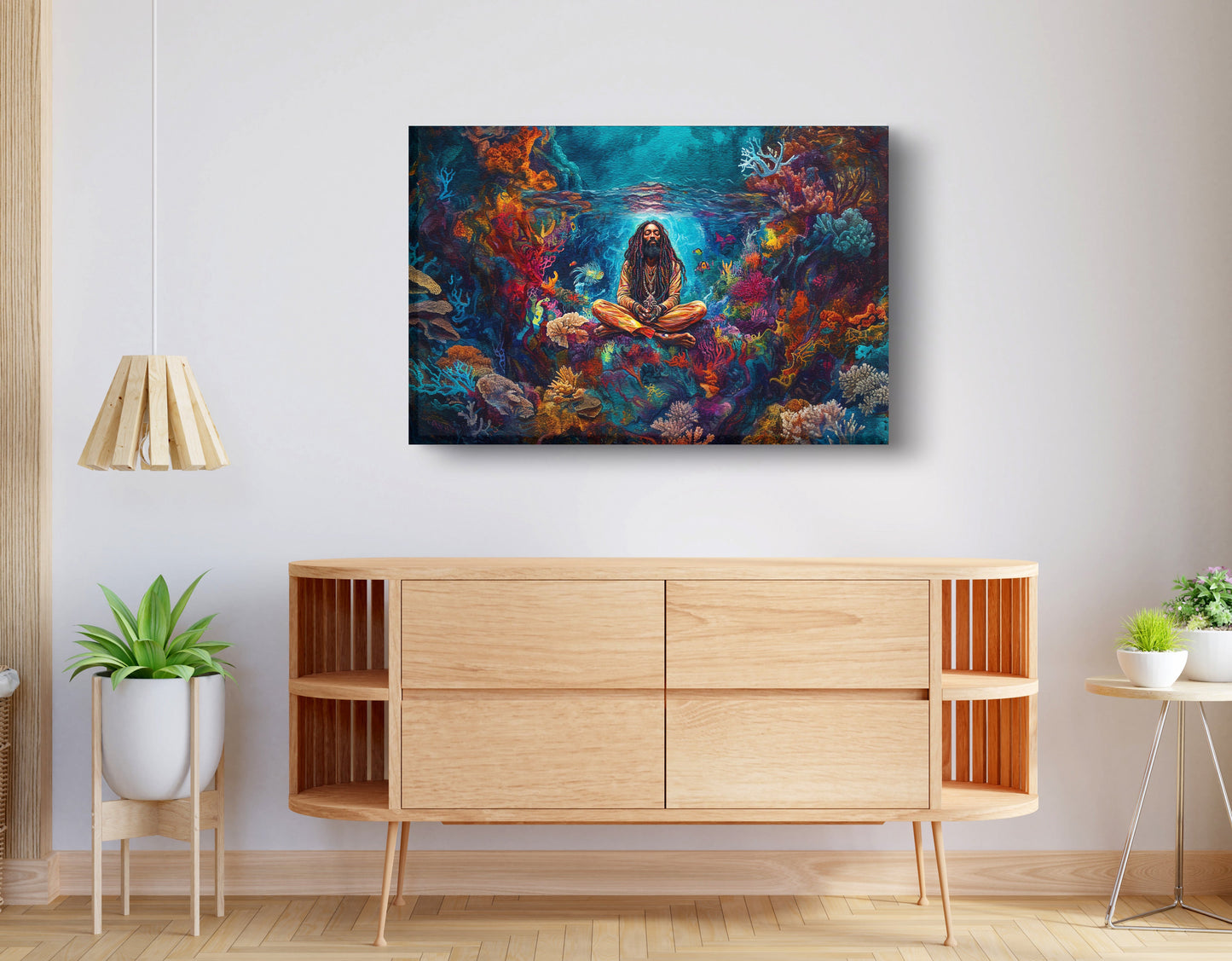 Black Woman Meditation Ocean African American wall art displayed as living room wall decor