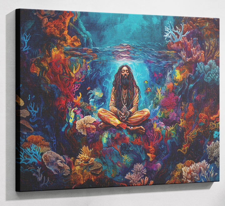 Black Woman Meditation Ocean African American wall art canvas print with visible wall art format