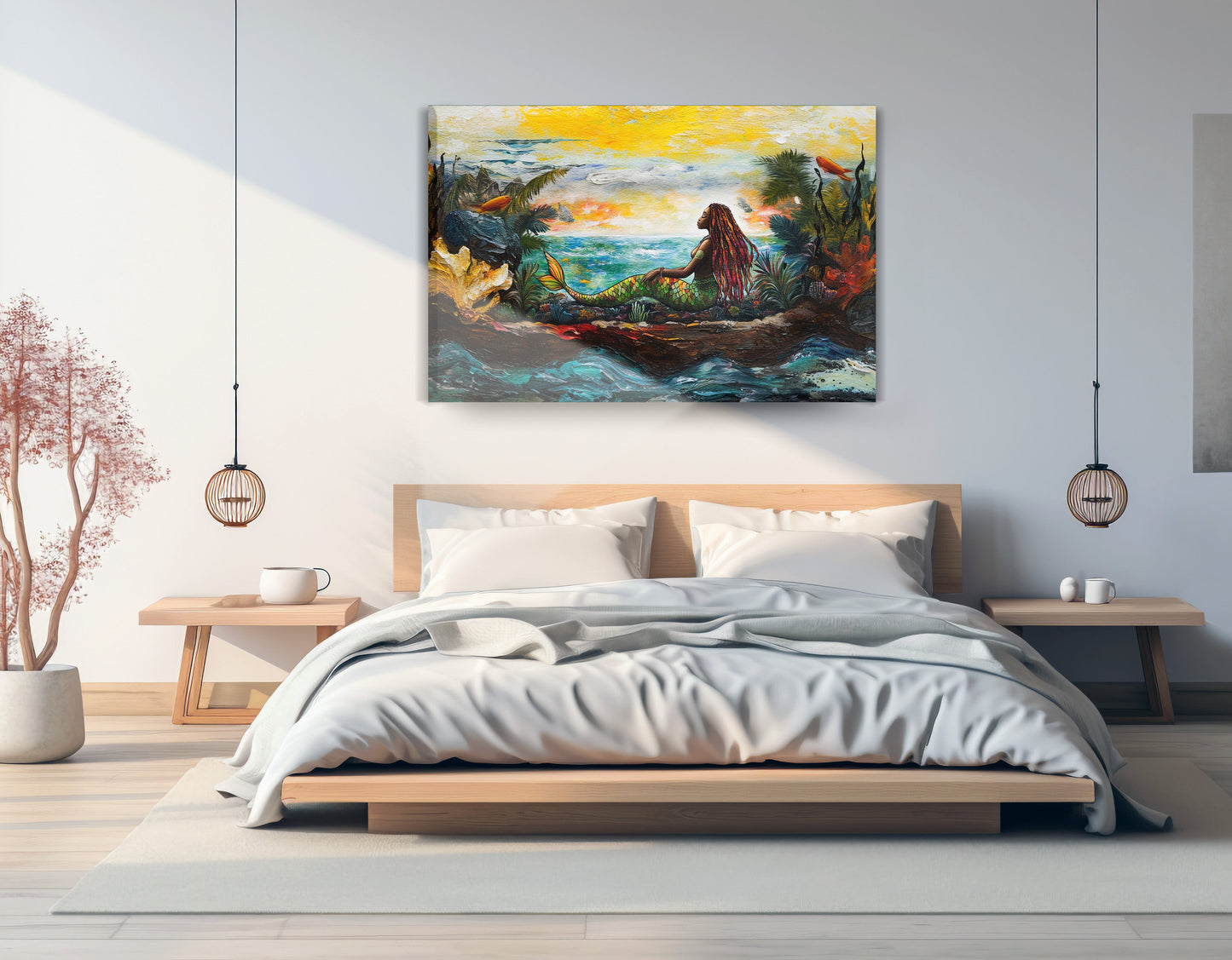Black Mermaid Ocean Sunset Caribbean wall art displayed as bedroom wall decor