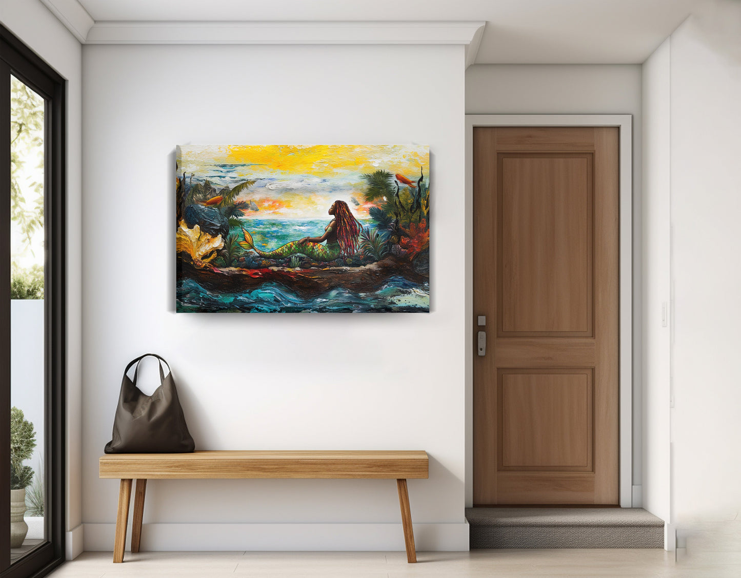 Black Mermaid Ocean Sunset Caribbean wall art displayed as entryway wall decor