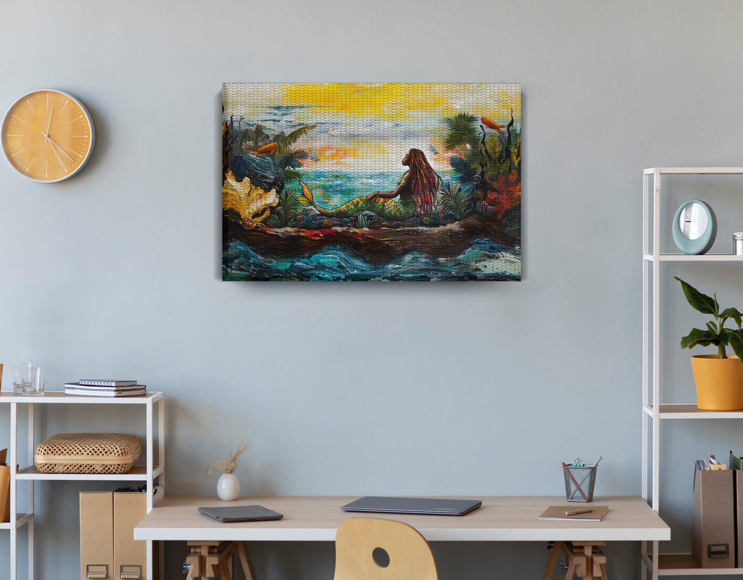 Black Mermaid Ocean Sunset Caribbean wall art displayed as office wall decor