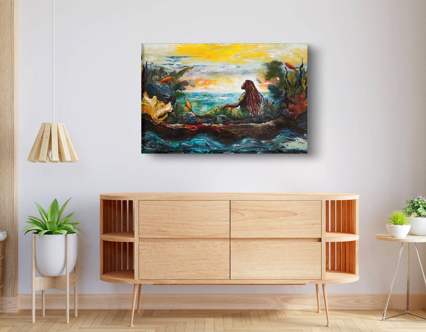 Black Mermaid Ocean Sunset Caribbean wall art displayed as living room wall decor