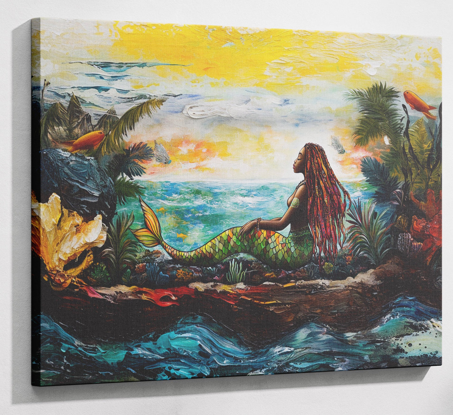 Black Mermaid Ocean Sunset Caribbean wall art canvas print with visible wall art format
