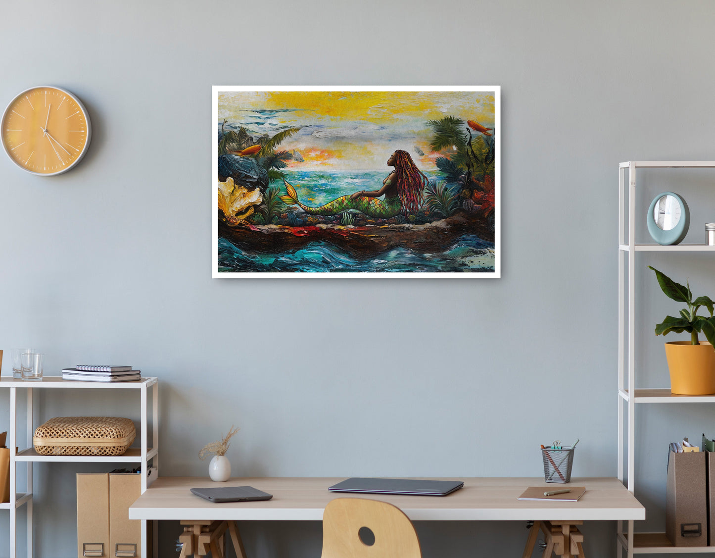 Black Mermaid Ocean Sunset Caribbean wall art print view