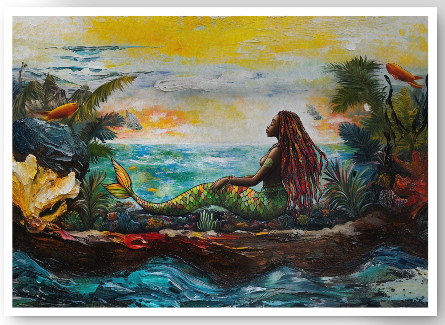 Black Mermaid Ocean Sunset Caribbean wall art canvas print by MoomZee Artwork
