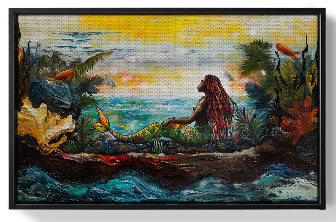 Framed Black Mermaid Ocean Sunset Caribbean wall art for home decor