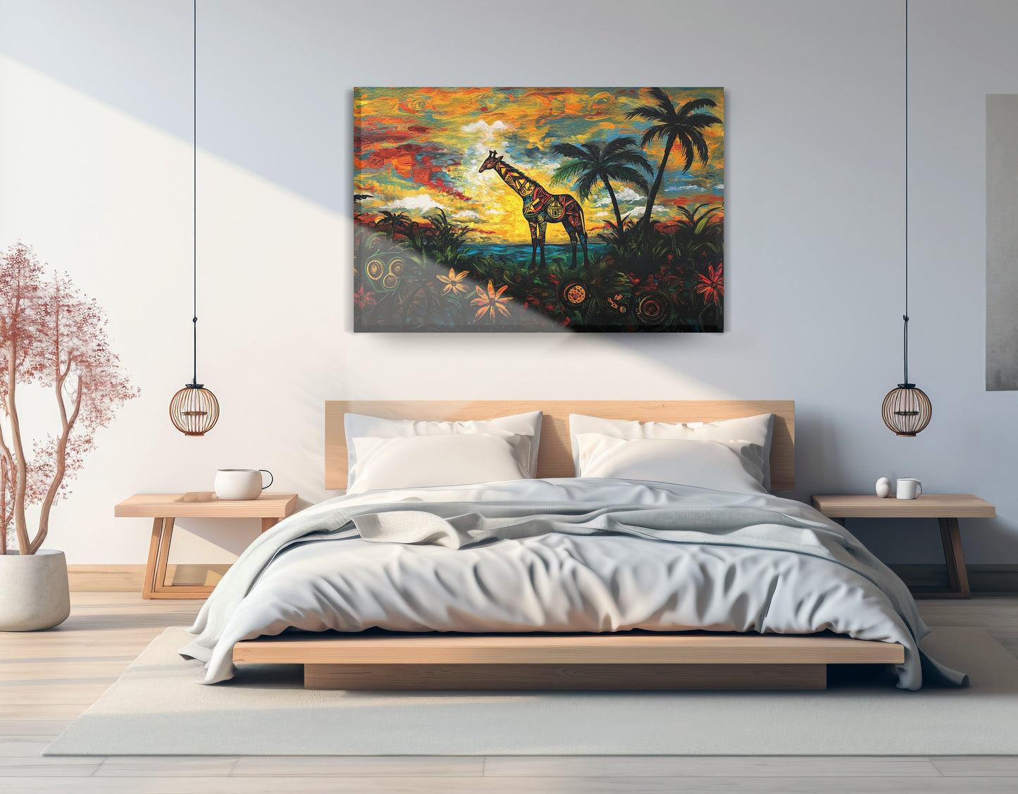 Giraffe Tropical Sunset Black Caribbean wall art displayed as bedroom wall decor