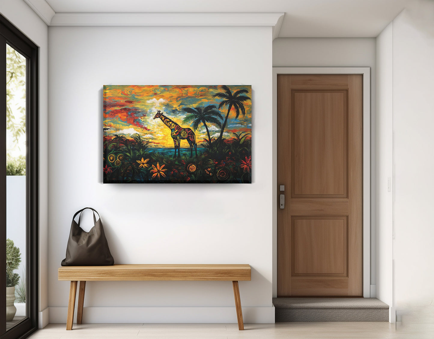 Giraffe Tropical Sunset Black Caribbean wall art displayed as entryway wall decor