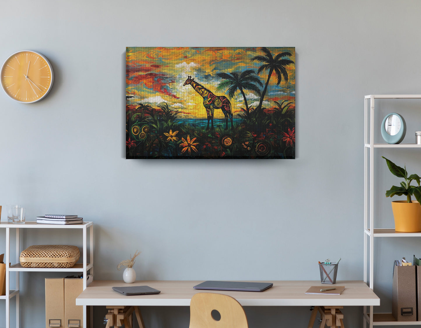 Giraffe Tropical Sunset Black Caribbean wall art displayed as office wall decor