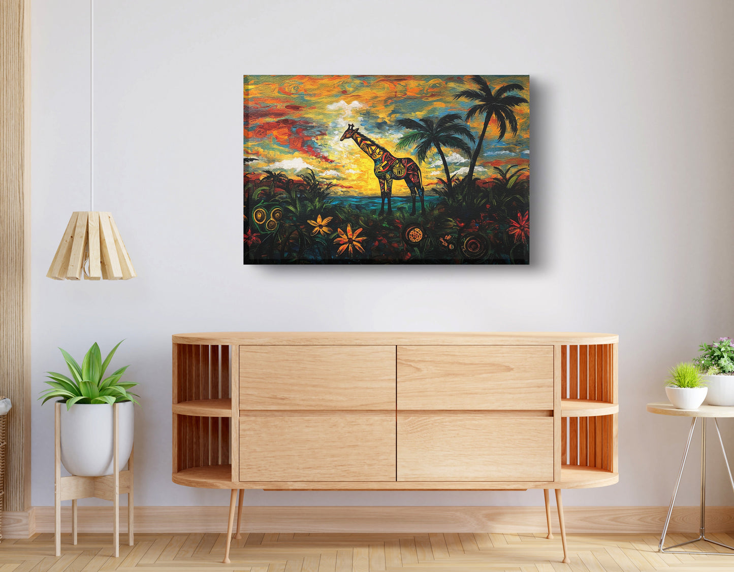 Giraffe Tropical Sunset Black Caribbean wall art displayed as living room wall decor