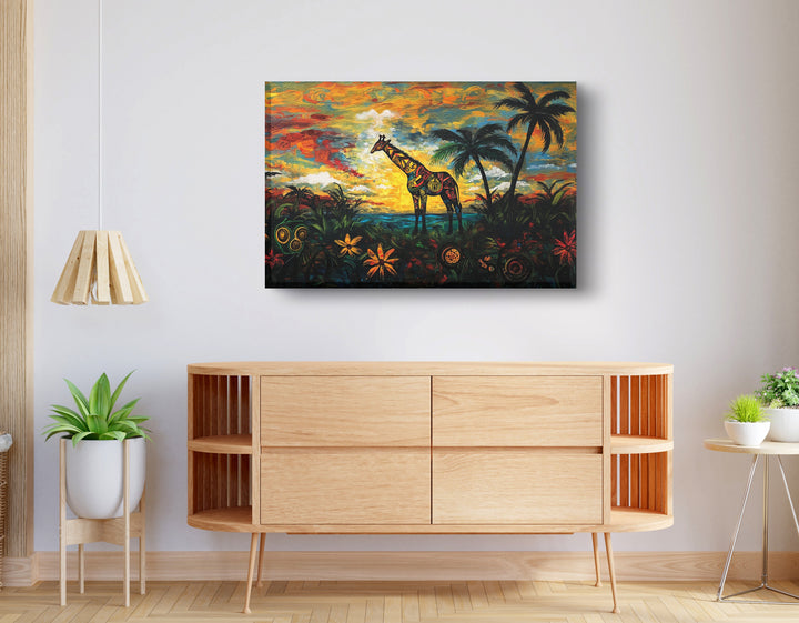 Giraffe Tropical Sunset Black Wall Art
