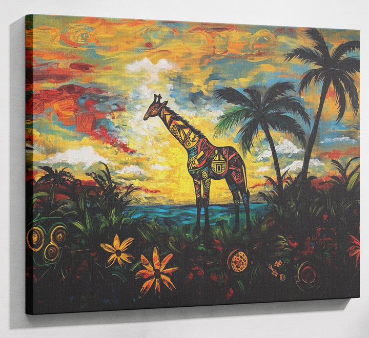 Giraffe Tropical Sunset Black Caribbean wall art canvas print with visible wall art format