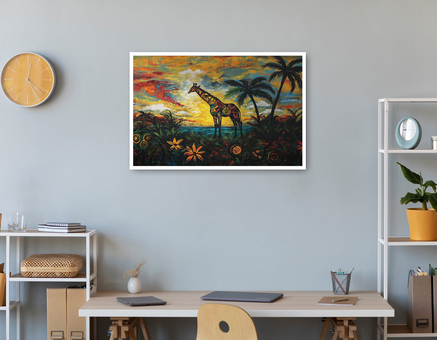 Giraffe Tropical Sunset Black Caribbean wall art print view