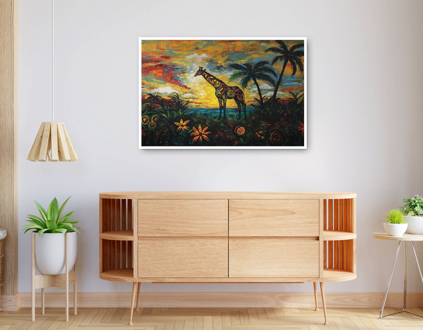 Alternate view of Giraffe Tropical Sunset Black Caribbean wall art canvas print