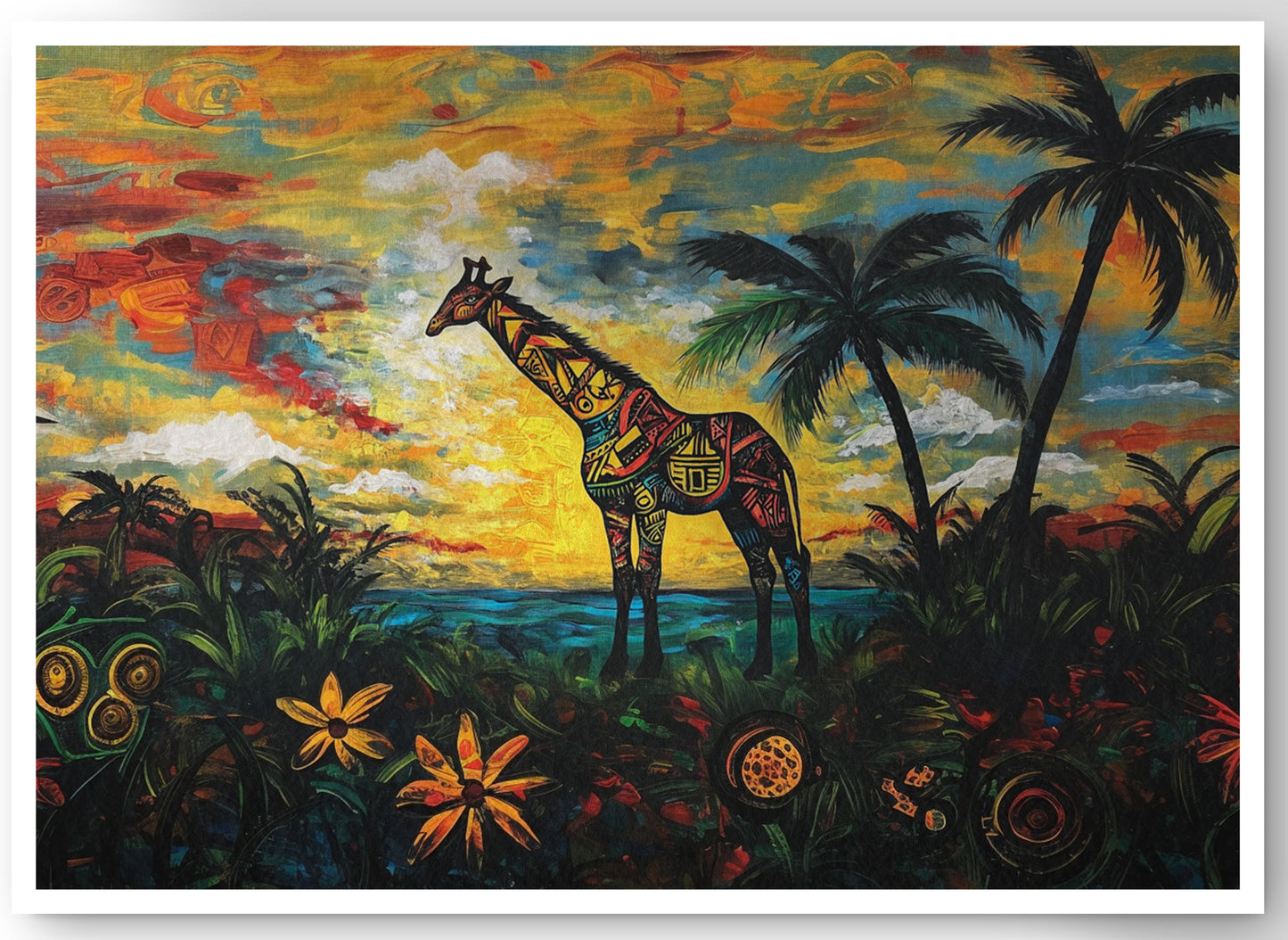 Giraffe Tropical Sunset Black Caribbean wall art canvas print by MoomZee Artwork