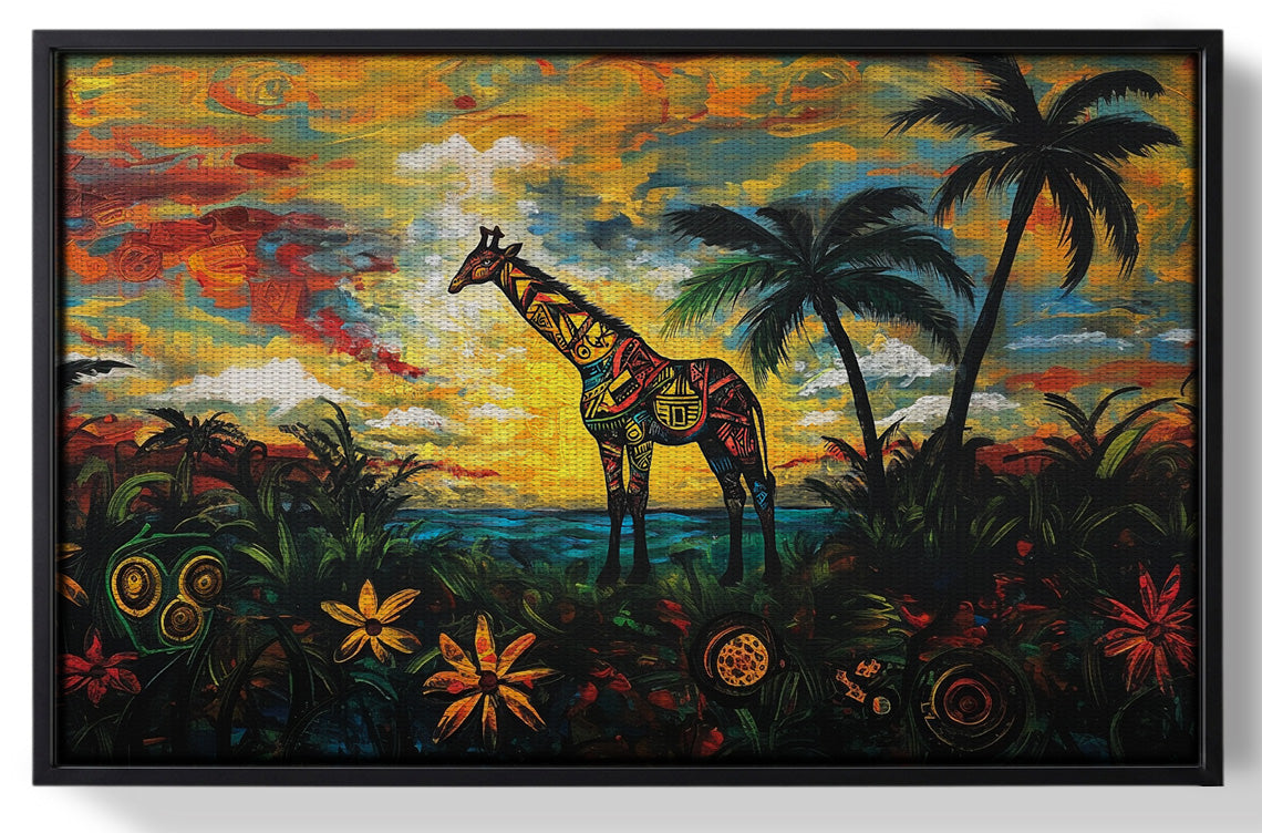 Framed Giraffe Tropical Sunset Black Caribbean wall art for home decor