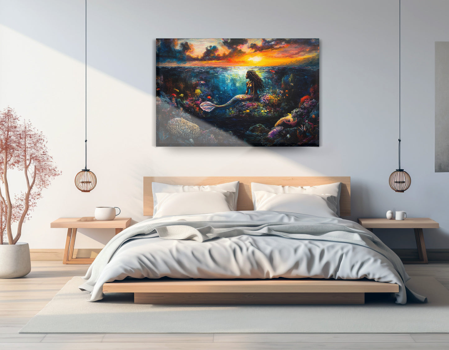Black Mermaid Sunset Ocean Caribbean wall art displayed as bedroom wall decor