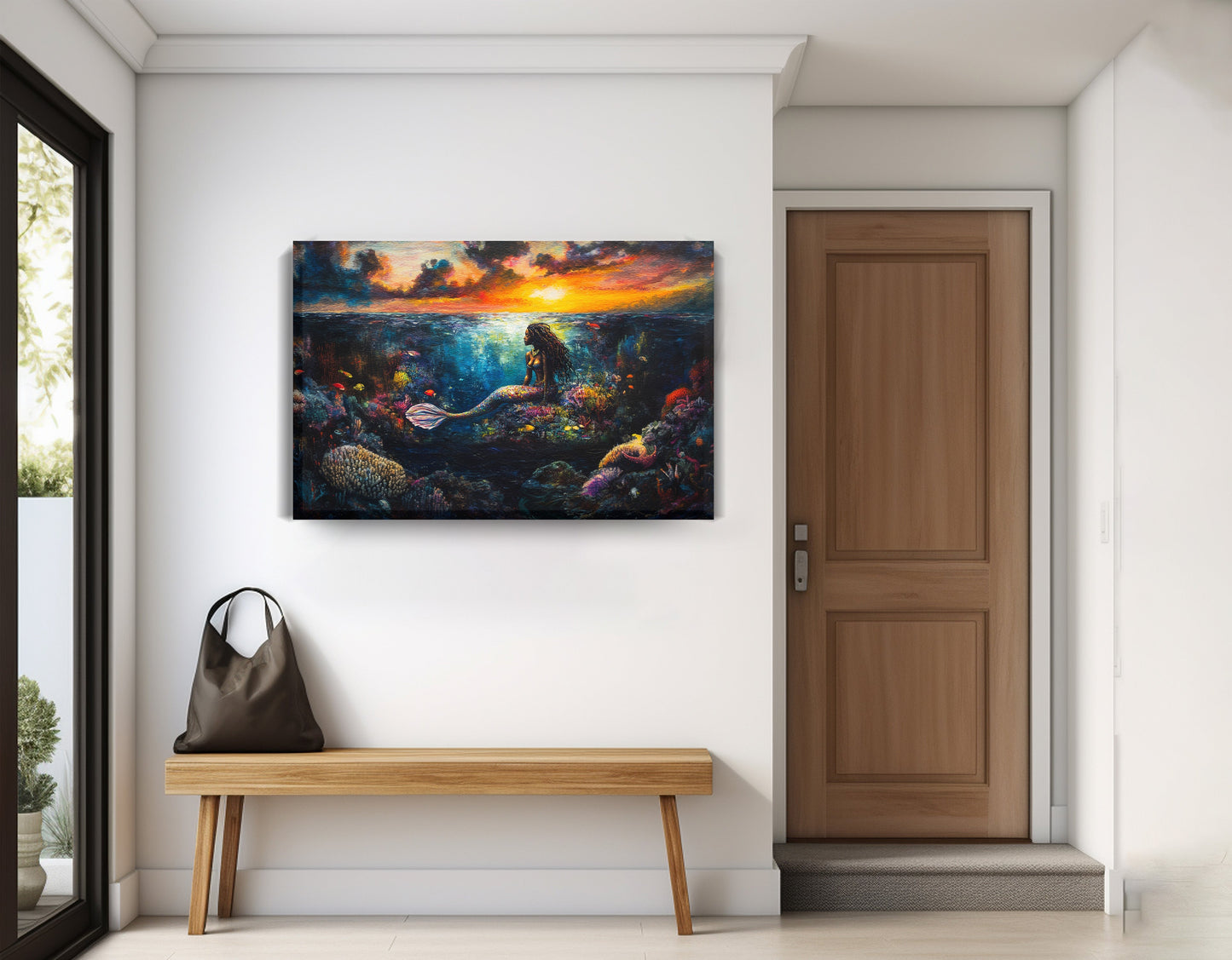 Black Mermaid Sunset Ocean Caribbean wall art displayed as entryway wall decor