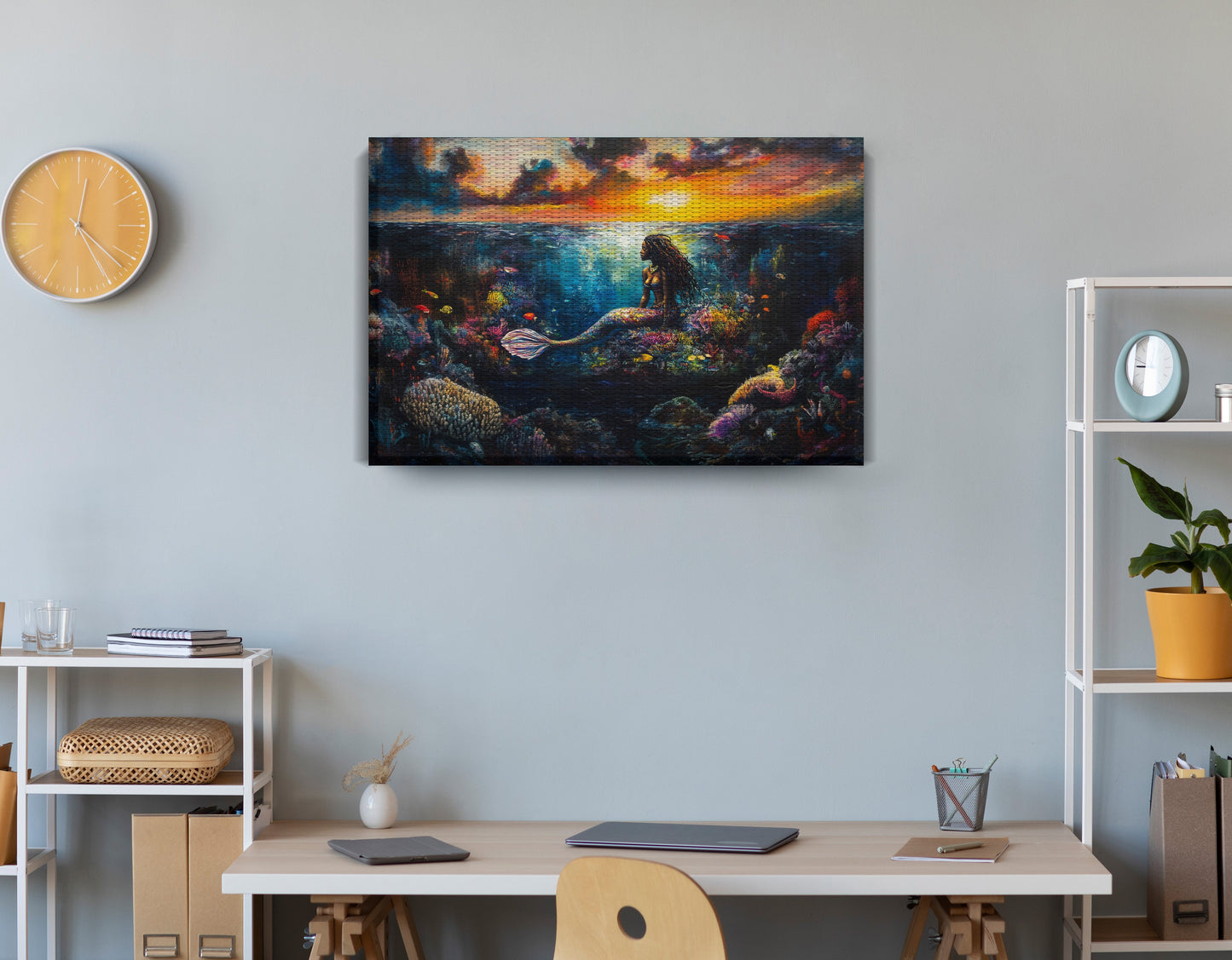Black Mermaid Sunset Ocean Caribbean wall art displayed as office wall decor