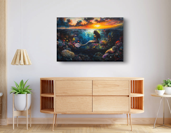 Black Mermaid Sunset Ocean Wall Art