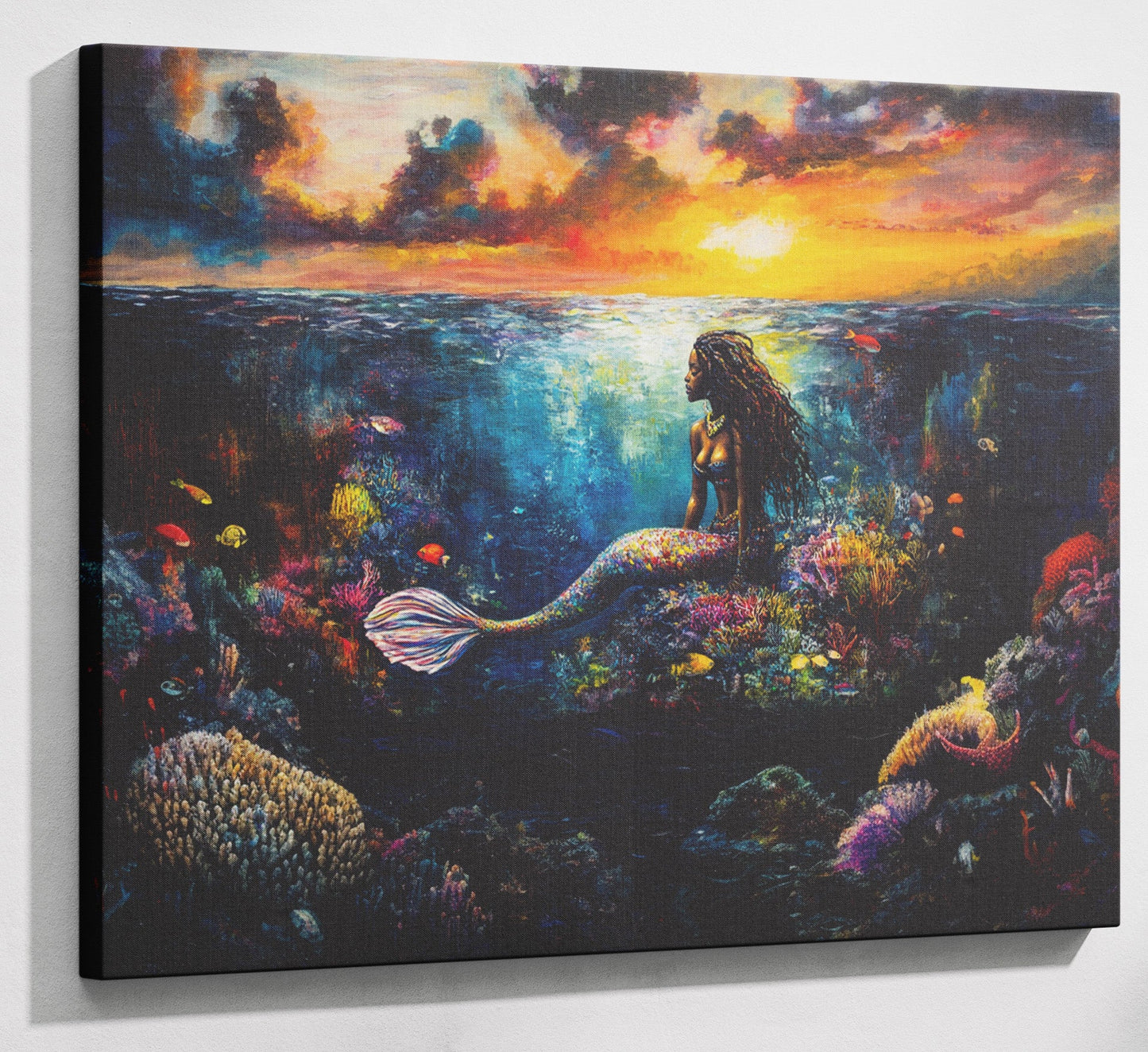 Black Mermaid Sunset Ocean Caribbean wall art canvas print with visible wall art format