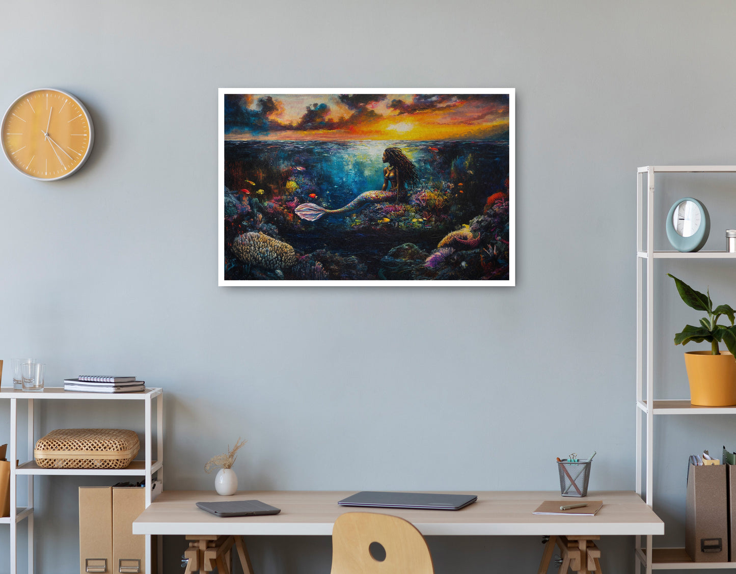 Black Mermaid Sunset Ocean Caribbean wall art print view