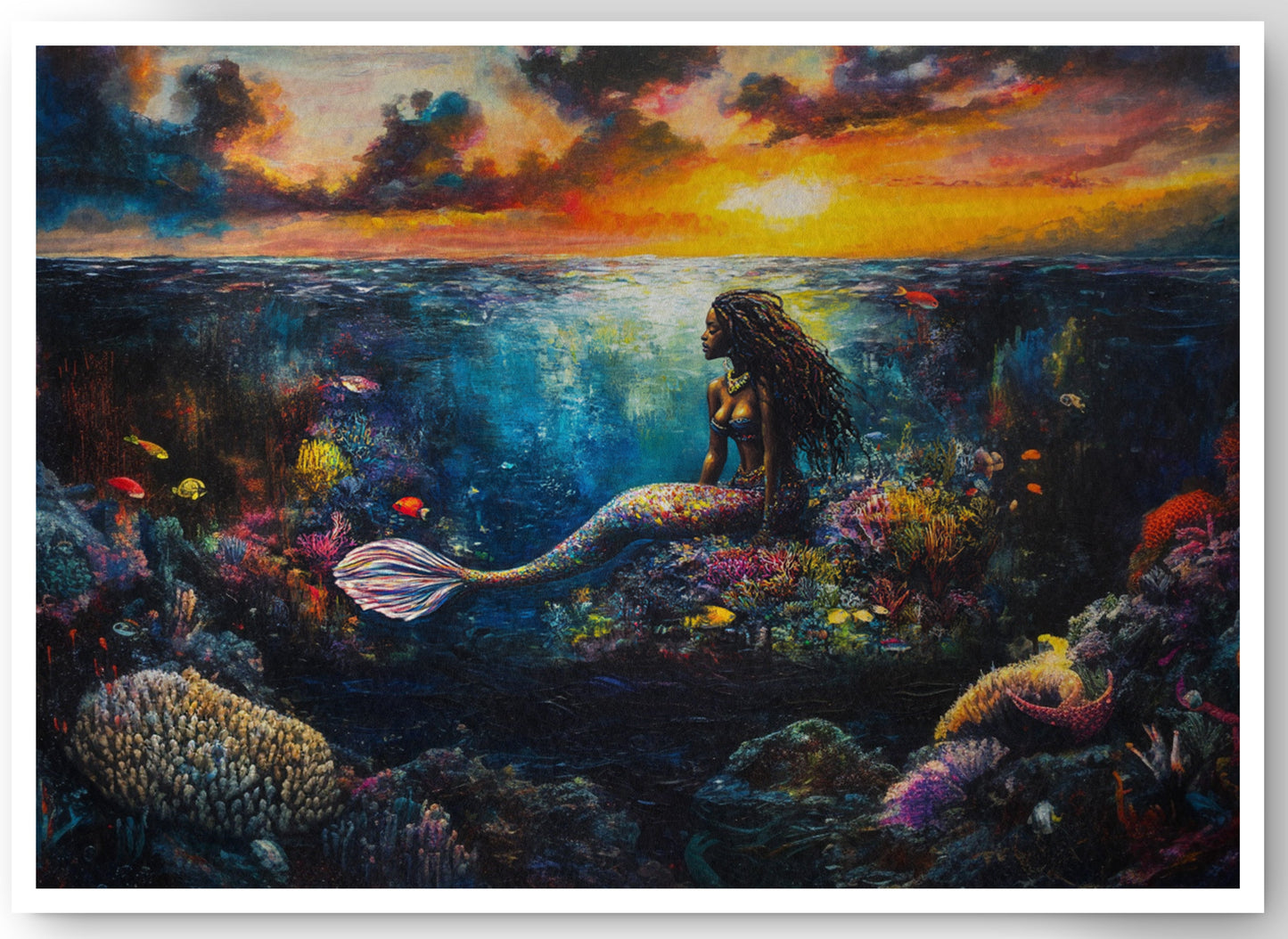 Black Mermaid Sunset Ocean Caribbean wall art canvas print by MoomZee Artwork